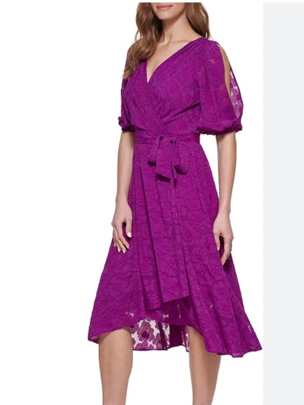 DKNY Violet Wrap Midi Dress with Puff Sleeves